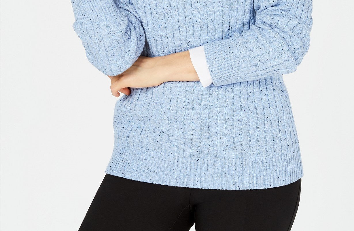 Karen Scott Suéter Feminino Petite Cable-Knit com Decote em V Azul Tamanho Médio