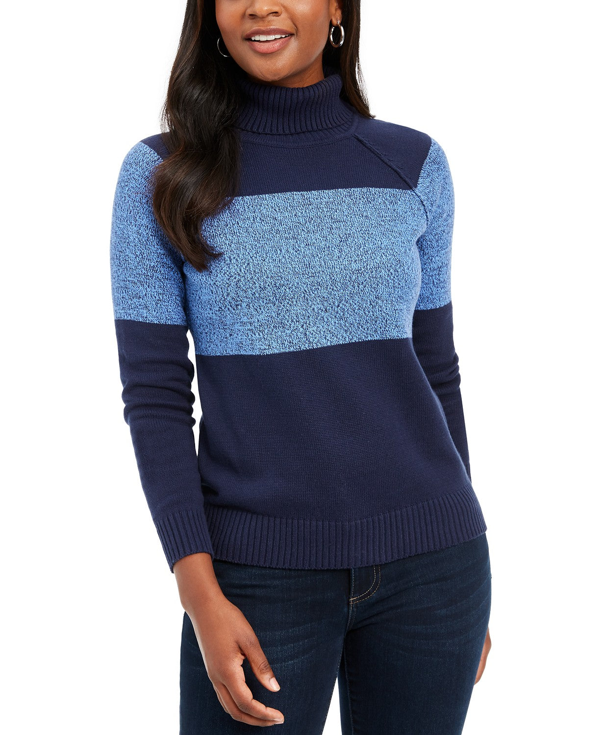 Karen Scott Suéter Feminino de Algodão com Gola Alta Colorblock Azul Tamanho Médio