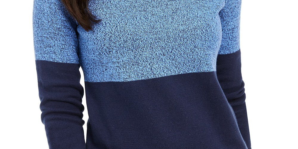 Karen Scott Suéter feminino de algodão com gola alta e blocos de cores, azul-marinho, tamanho extragrande
