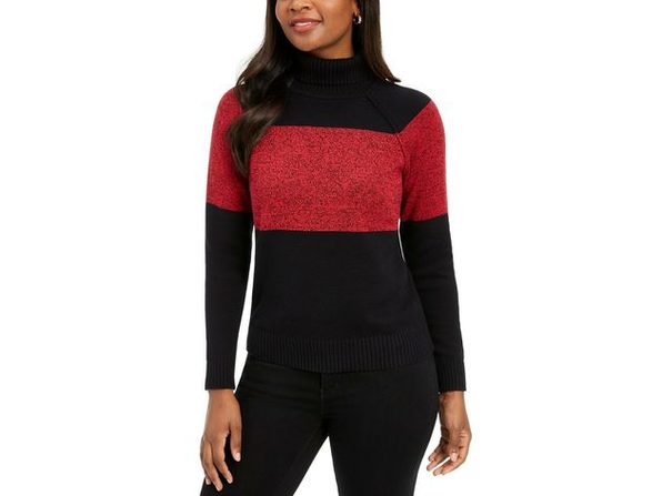 Karen Scott Suéter feminino de algodão com gola alta e blocos de cores, vermelho, tamanho 2, extra grande