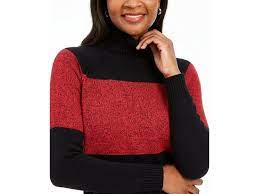 Karen Scott Suéter Feminino de Algodão com Gola Alta Colorblock, Vermelho, Tamanho Médio