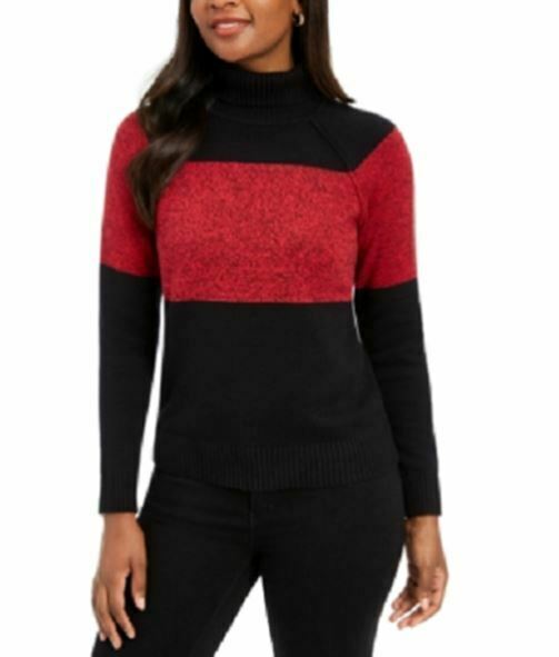 Karen Scott Suéter Feminino de Algodão com Gola Alta Colorblock, Vermelho, Tamanho Pequeno