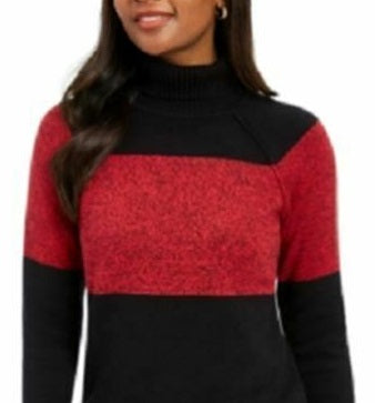 Karen Scott Suéter Feminino de Algodão com Gola Alta Colorblock, Vermelho, Tamanho Pequeno