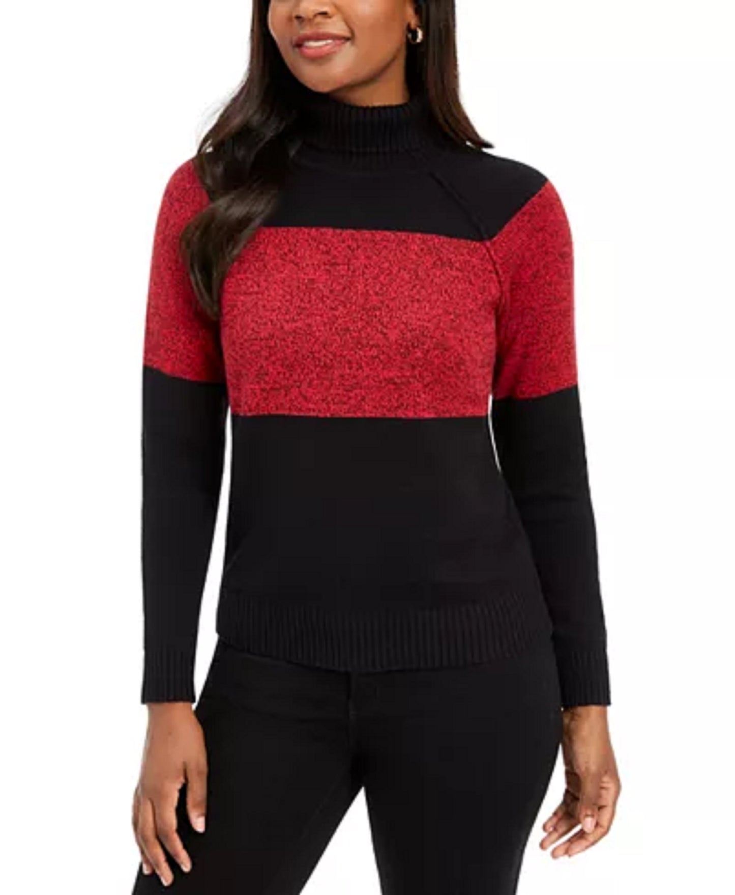 Karen Scott Suéter Feminino de Algodão com Gola Alta Colorblock, Vermelho Brilhante, Tamanho Extra Grande