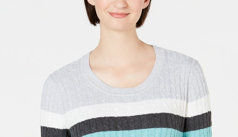 Karen Scott Suéter Feminino Veronica Listrado Algodão Cable Azul-petróleo Aqua Combo Tamanho Extra Grande