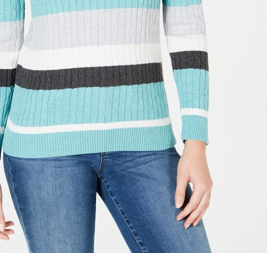 Karen Scott Suéter Feminino Veronica Listrado Algodão Cable Azul-petróleo Aqua Combo Tamanho Extra Grande
