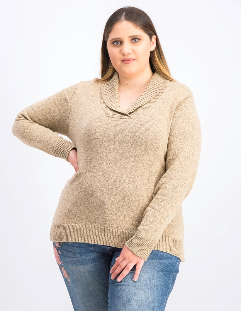 Karen Scott Suéter Feminino de Algodão Marrom com Gola Xale e Manga Longa Tamanho P