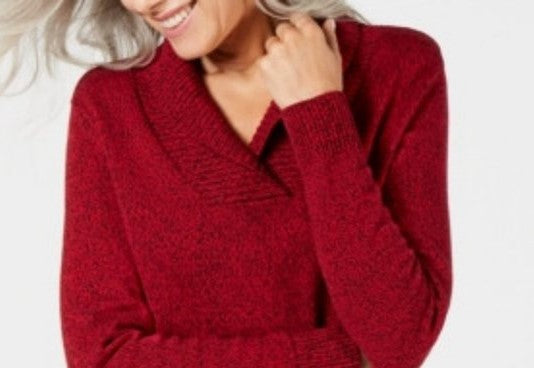 Karen Scott Suéter Feminino de Algodão Marmorizado com Gola Xale Vermelho Brilhante Tamanho Extra Grande