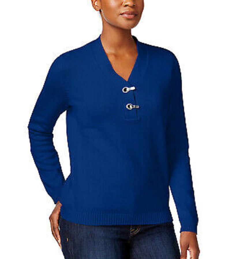 Karen Scott Suéter Henley Feminino de Algodão Marmorizado Azul Tamanho Médio