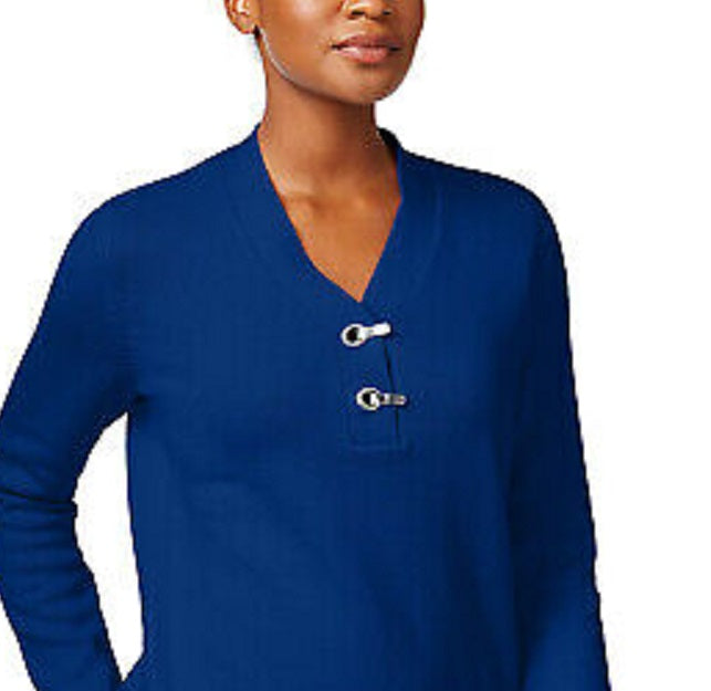 Karen Scott Suéter Henley Feminino de Algodão Marmorizado Azul Tamanho Médio