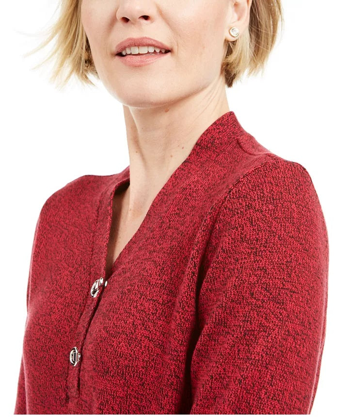 Karen Scott Suéter Henley Feminino de Algodão Marmorizado Vermelho Tamanho Extra Grande