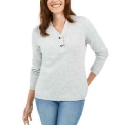 Karen Scott Suéter Henley Feminino de Algodão Marmorizado Branco Tamanho X-G