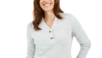 Karen Scott Suéter Henley Feminino de Algodão Marmorizado Branco Tamanho X-G