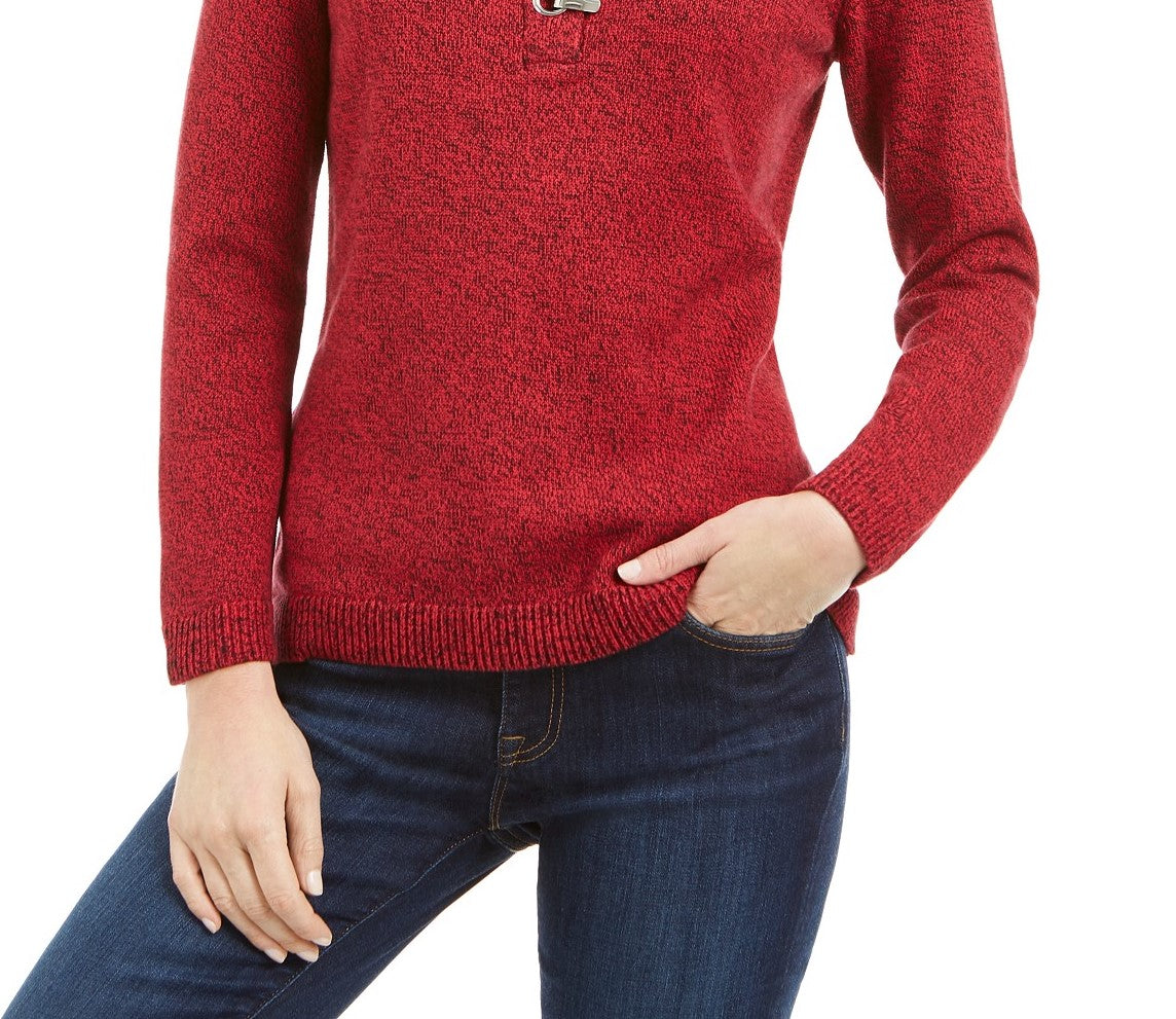 Karen Scott Suéter Henley de algodão com acabamento em ferragens feminino, tamanho pequeno, vermelho brilhante