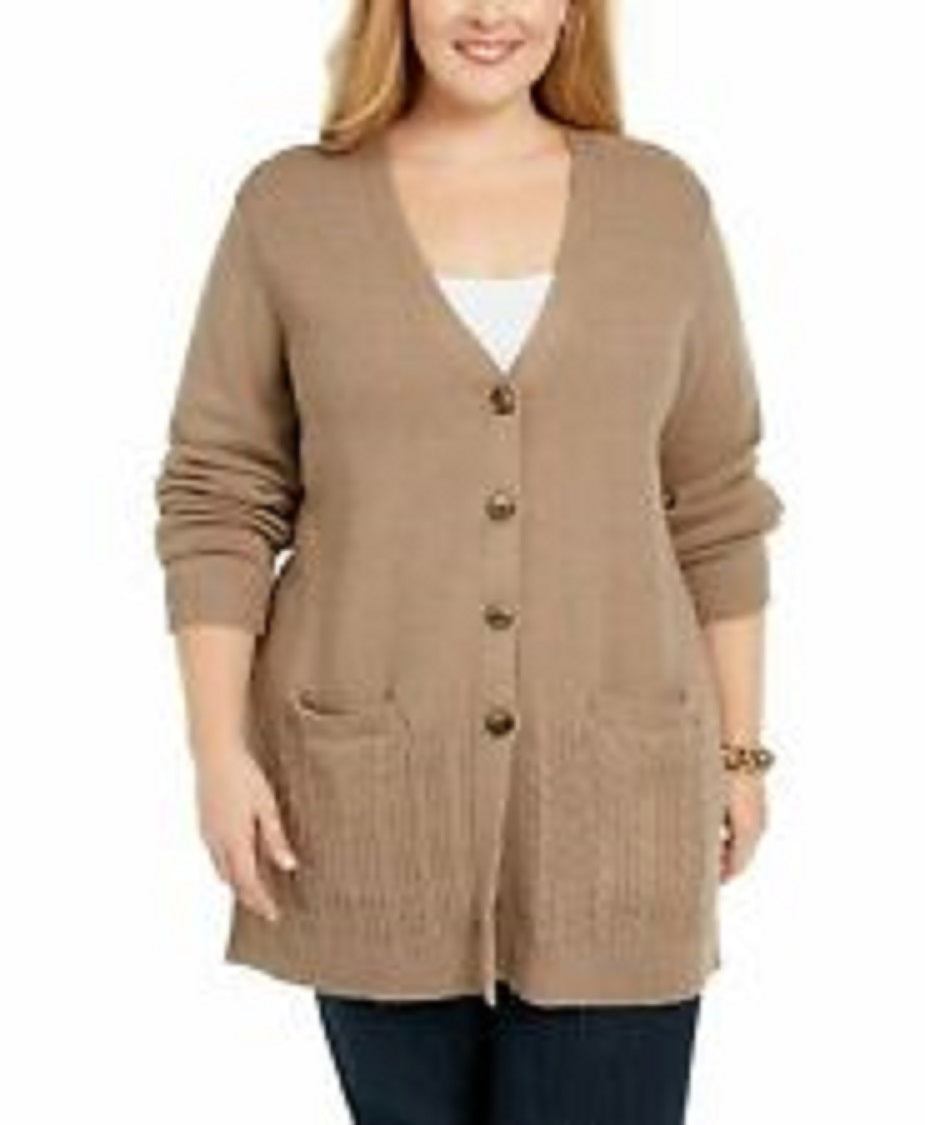 Karen Scott Cardigan Feminino com Botões Frontais e Pontos Mistos, Marrom, Tamanho Médio