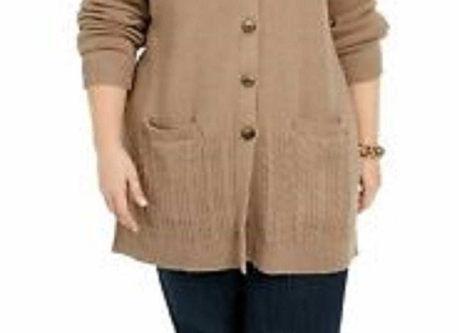 Karen Scott Cardigan Feminino com Botões Frontais e Pontos Mistos, Marrom, Tamanho Médio