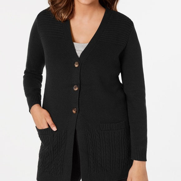 Karen Scott Cardigan Feminino com Botões Frontais e Pontos Mistos, Preto, Tamanho Grande