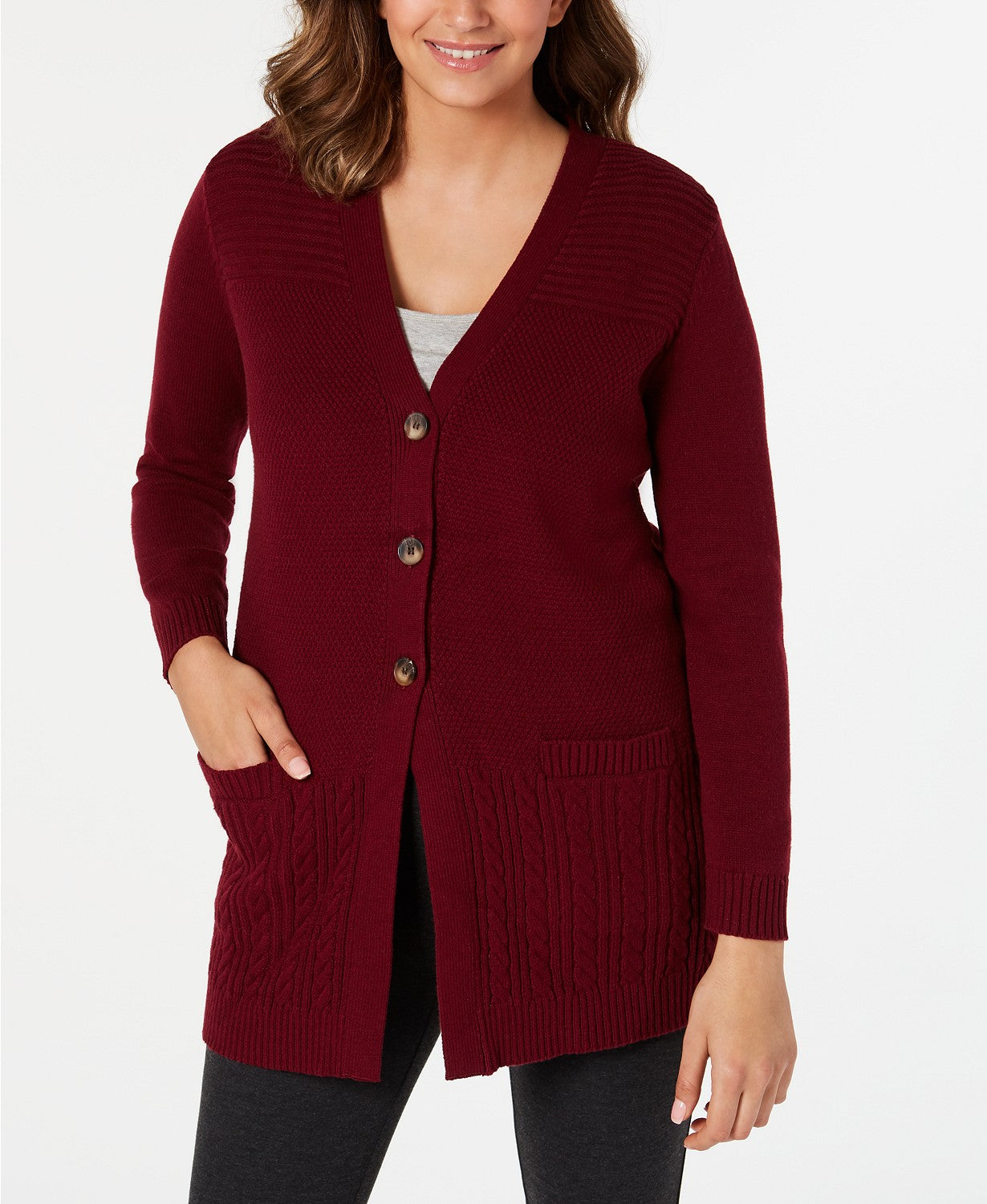Karen Scott Cardigan Feminino com Botões Frontais e Pontos Mistos, Vermelho, Tamanho Grande