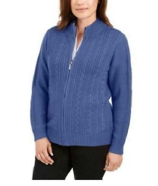 Karen Scott Suéter Feminino Petite Cable-Knit com Zíper Frontal Hthr Indigo Tamanho P