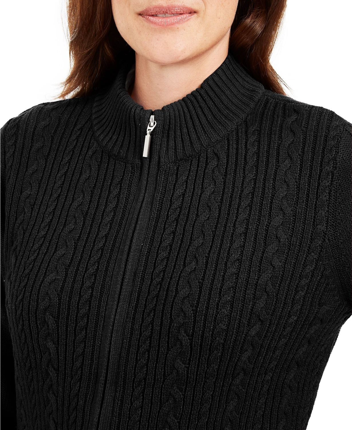Karen Scott Suéter Feminino Petite Cable-Knit com Zíper Frontal Preto Tamanho Petite Pequeno