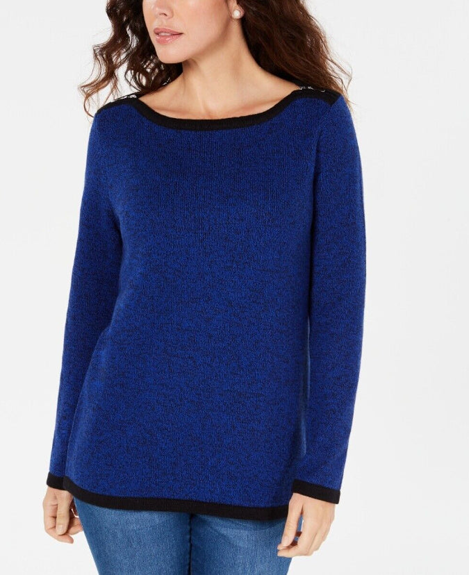 Karen Scott Suéter Feminino de Algodão com Acabamento Contrastado Azul Tamanho XS