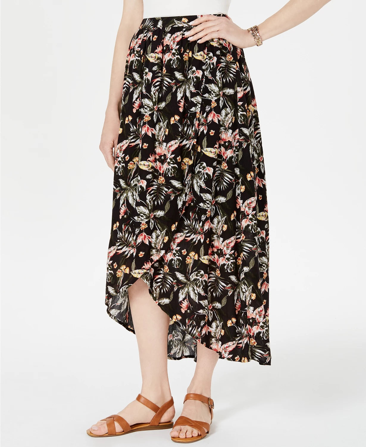 Saia feminina estampada alta e baixa, preta, tamanho médio, estilo &amp; co