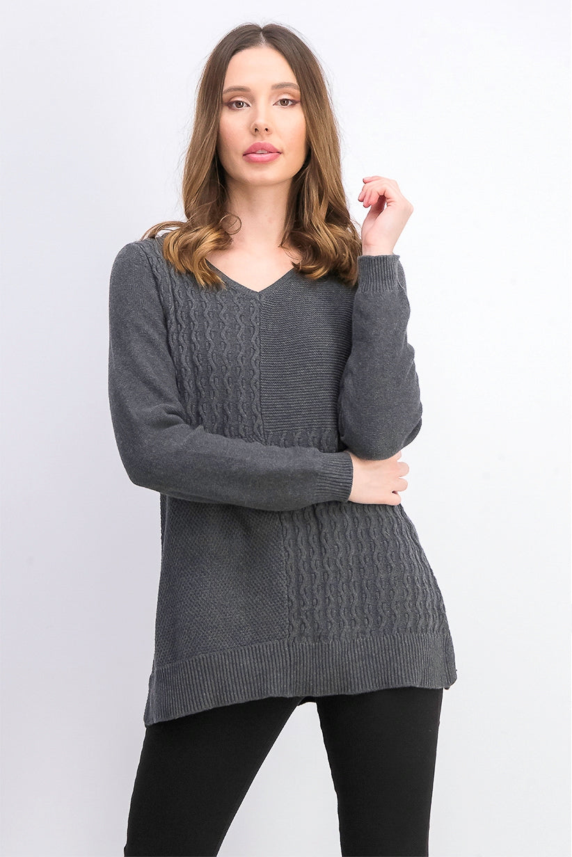 Karen Scott Suéter Feminino de Algodão com Ponto Misto, Cinza Escuro, Tamanho Grande