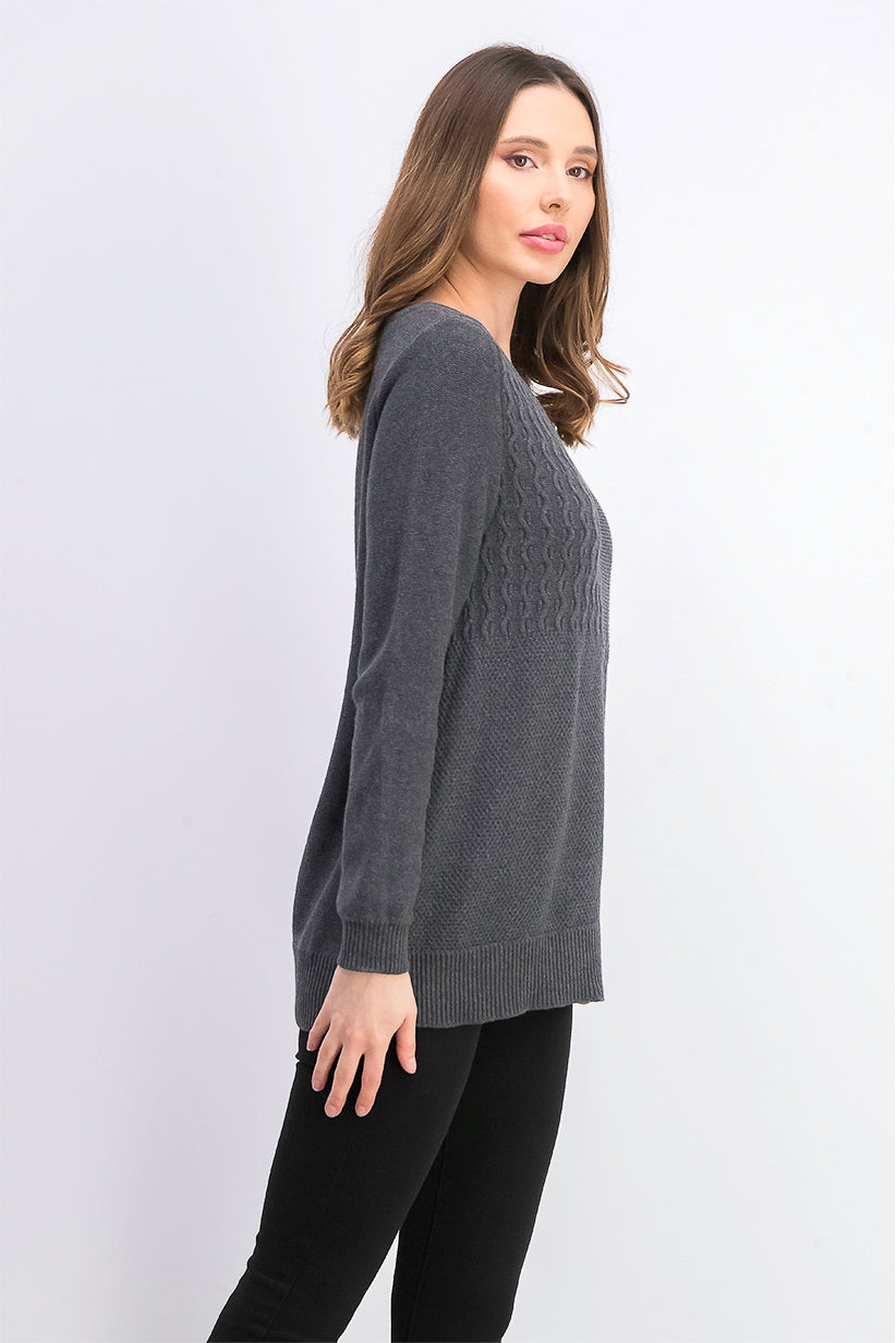 Karen Scott Suéter Feminino de Algodão com Ponto Misto, Cinza Escuro, Tamanho Grande