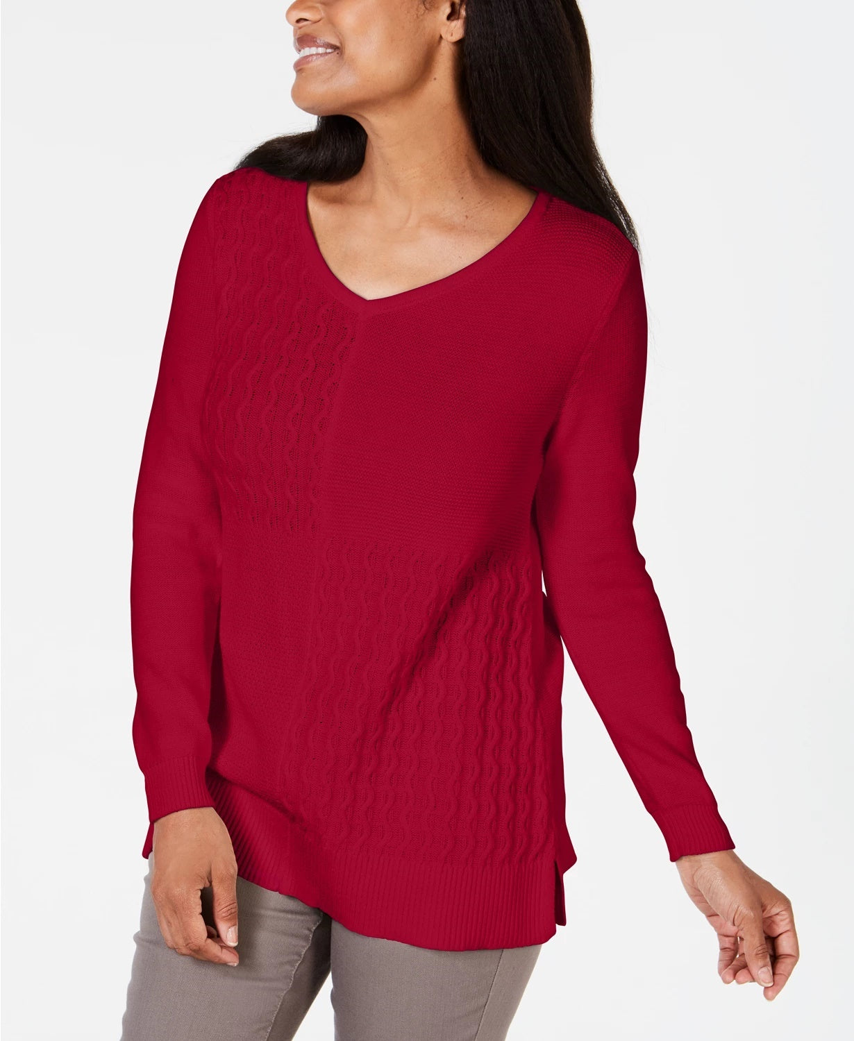 Karen Scott Suéter Feminino de Algodão com Ponto Misto Vermelho Brilhante Tamanho Grande