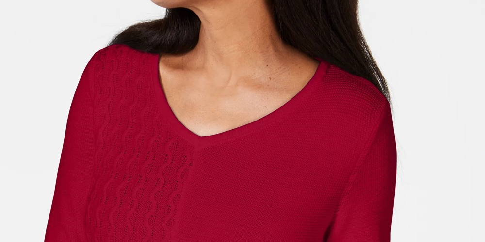 Karen Scott Suéter Feminino de Algodão com Ponto Misto Vermelho Brilhante Tamanho Grande