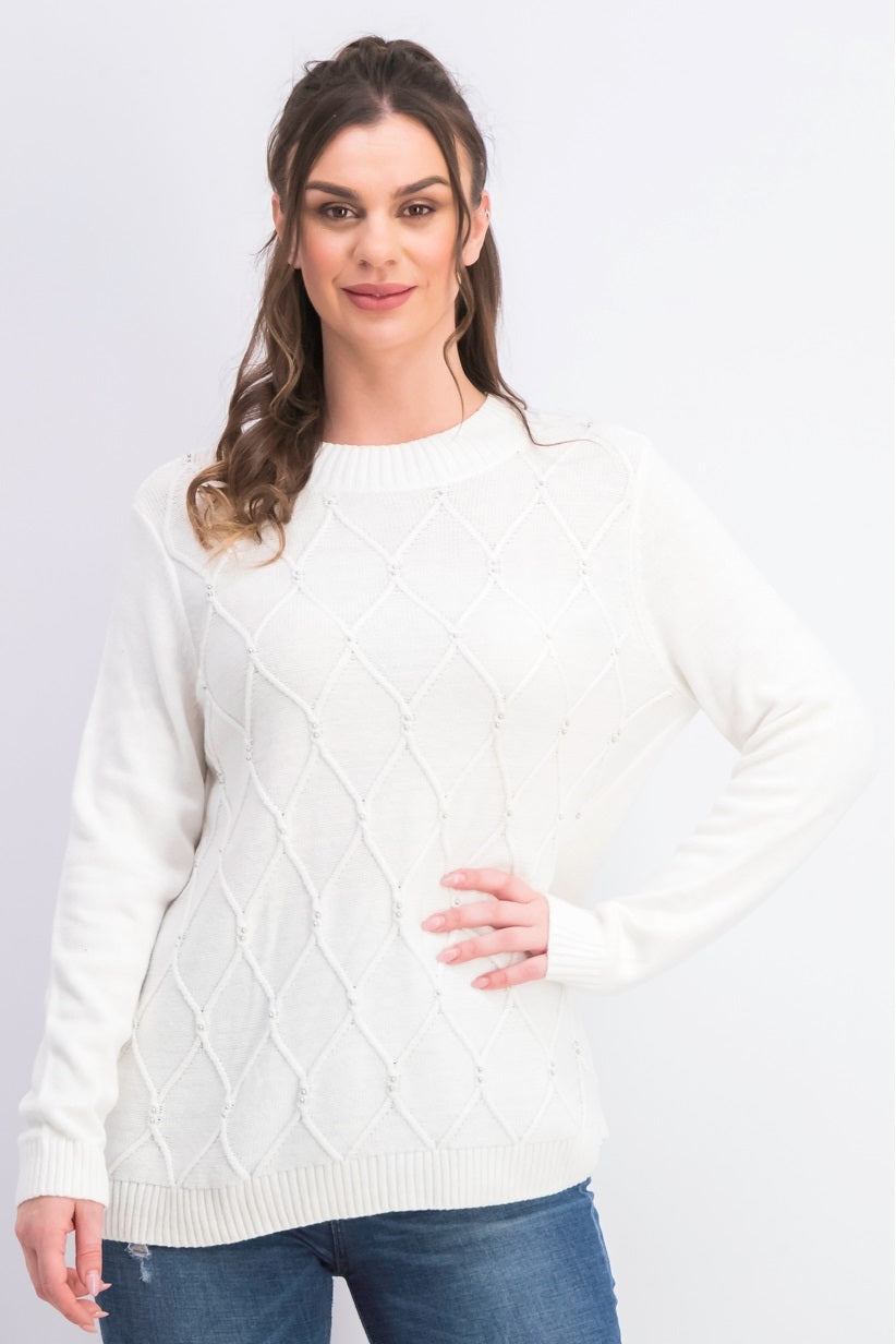 Karen Scott Suéter Feminino de Tricô com Contas Branco Tamanho Médio
