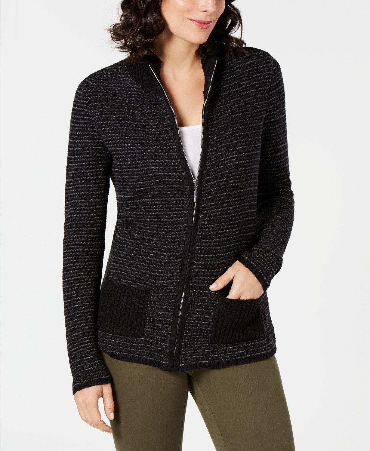 Karen Scott Cardigan Feminino Texturizado com Zíper Frontal Preto Tamanho Grande