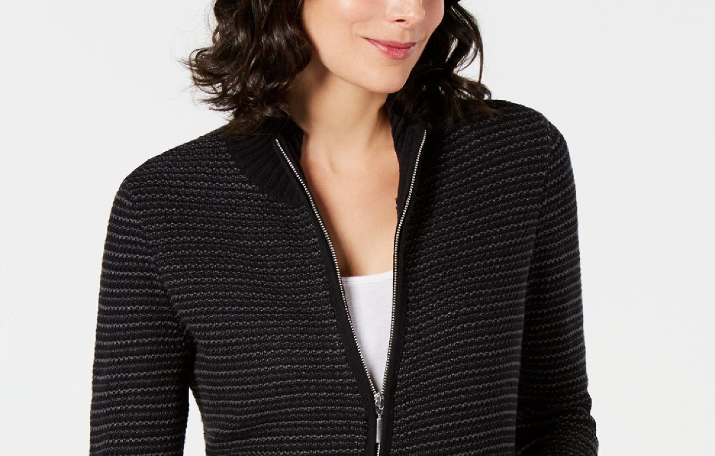 Karen Scott Cardigan Feminino Texturizado com Zíper Frontal Preto Tamanho Grande
