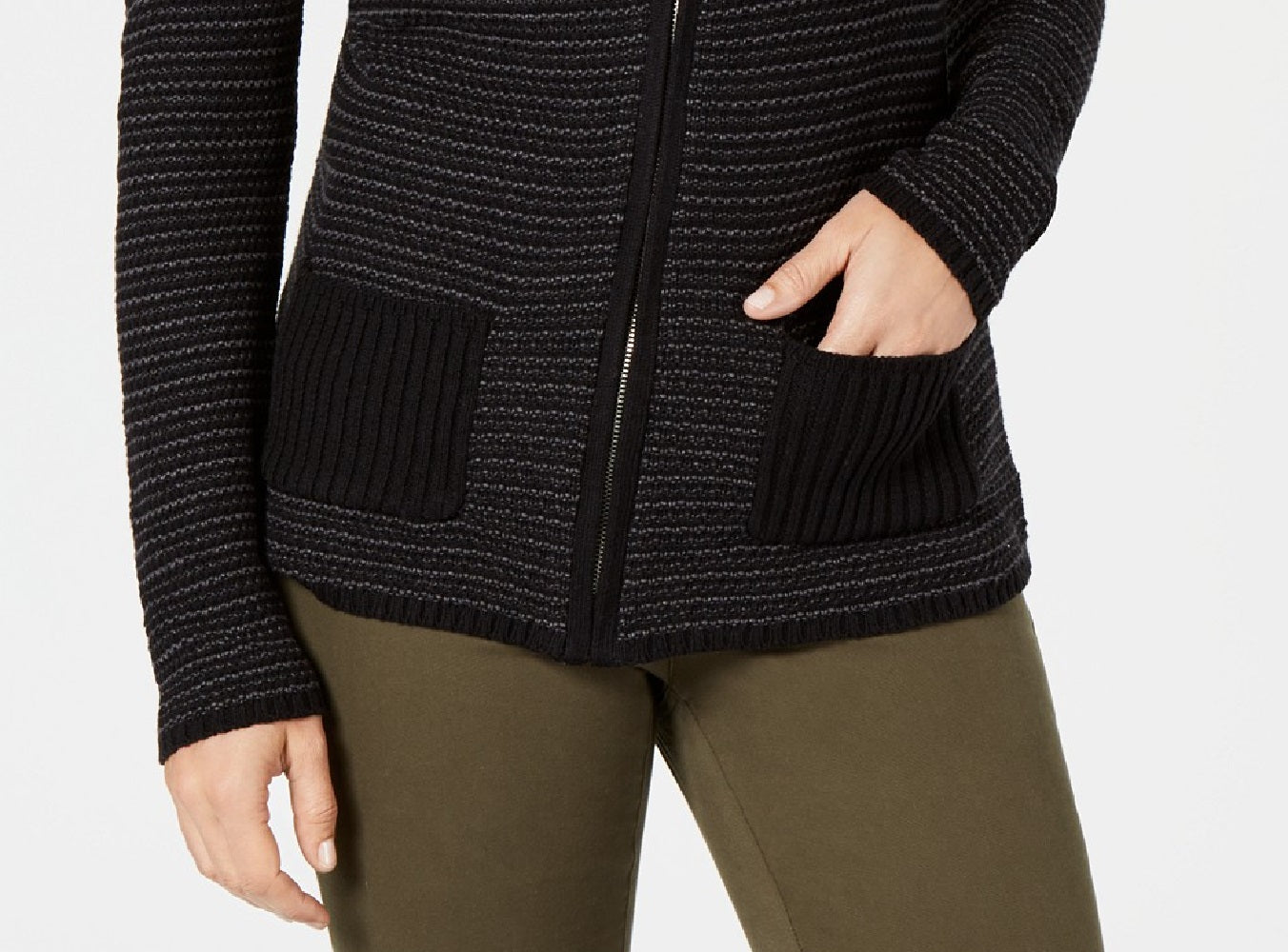 Karen Scott Cardigan Feminino Texturizado com Zíper Frontal Preto Tamanho Grande