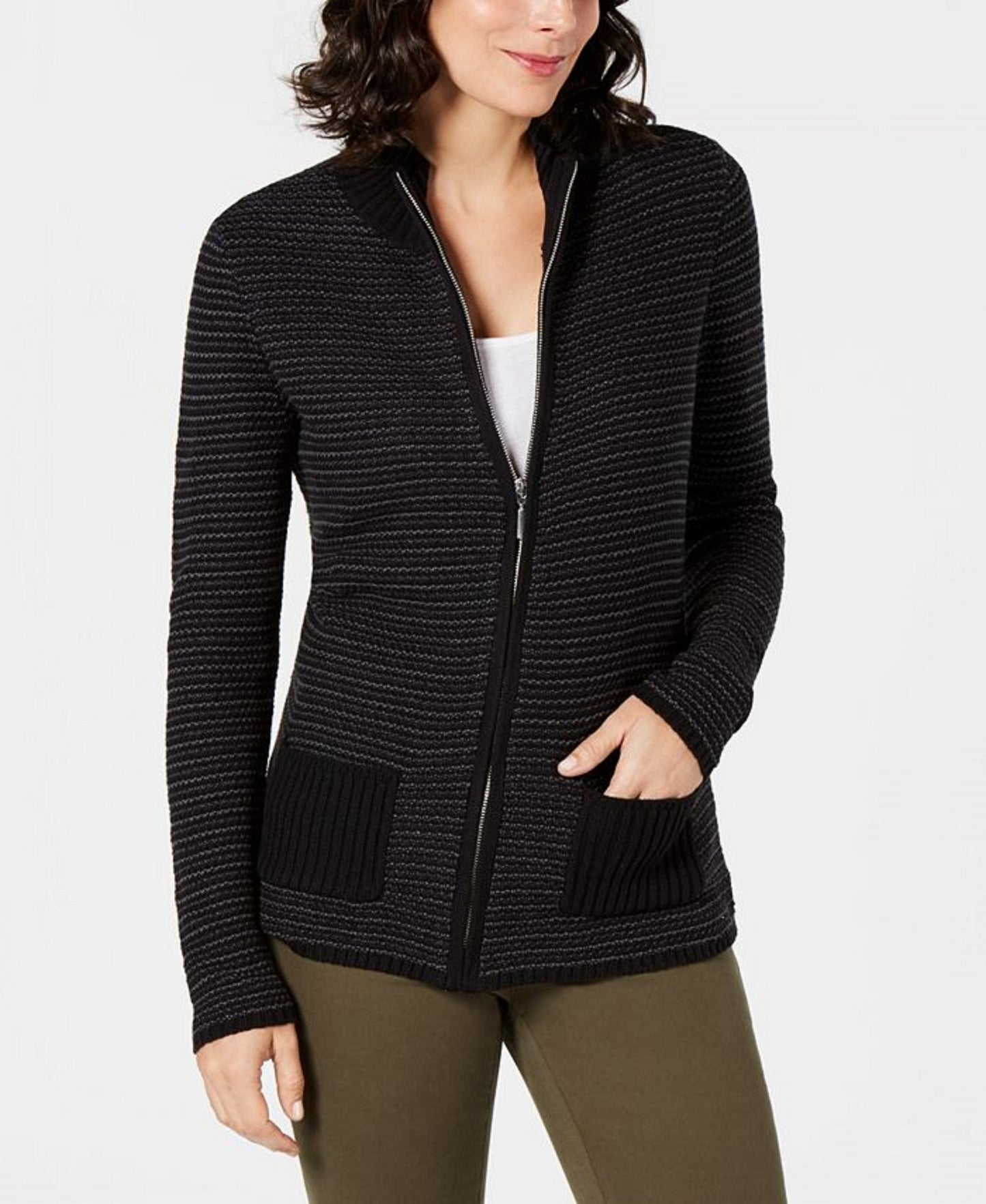Karen Scott Cardigan Feminino Texturizado com Zíper Frontal Preto Tamanho Extra Grande