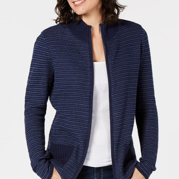 Karen Scott Cardigan Feminino Texturizado com Zíper Frontal Azul Tamanho Grande