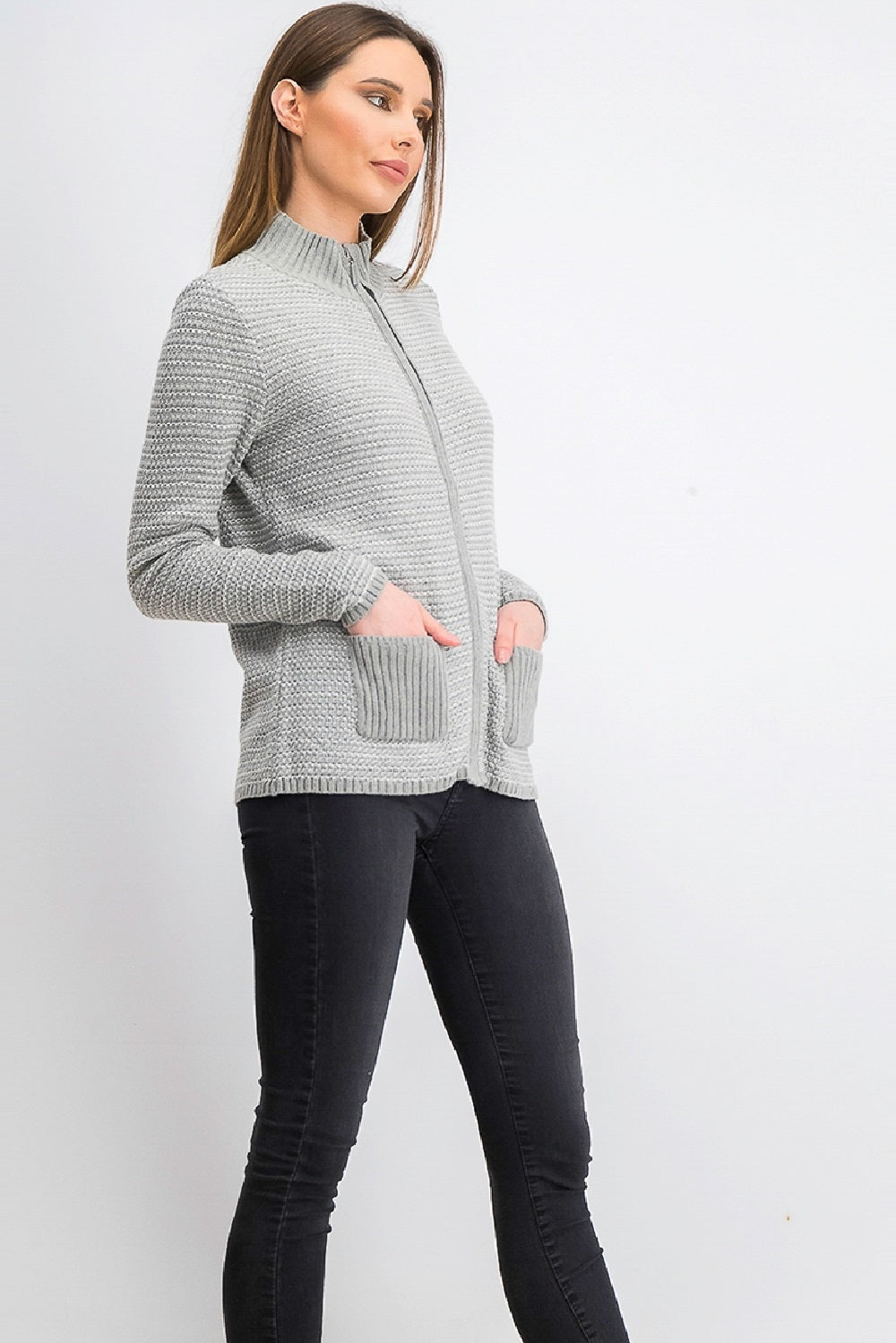 Karen Scott Cardigan Feminino Texturizado com Zíper Frontal Cinza Tamanho Grande
