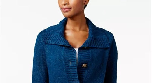 Karen Scott Cardigan Feminino Azul com Botões Frontais e Gola Xale, Tamanho Pequeno