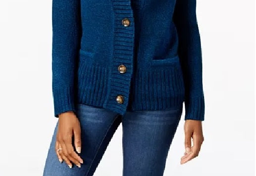 Karen Scott Cardigan Feminino Azul com Botões Frontais e Gola Xale, Tamanho Pequeno