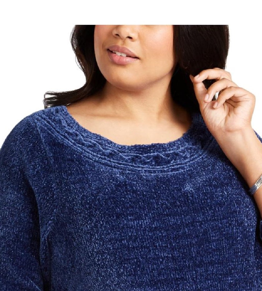 Karen Scott Suéter Feminino Gola Canoa Chenille Azul Tamanho 1X