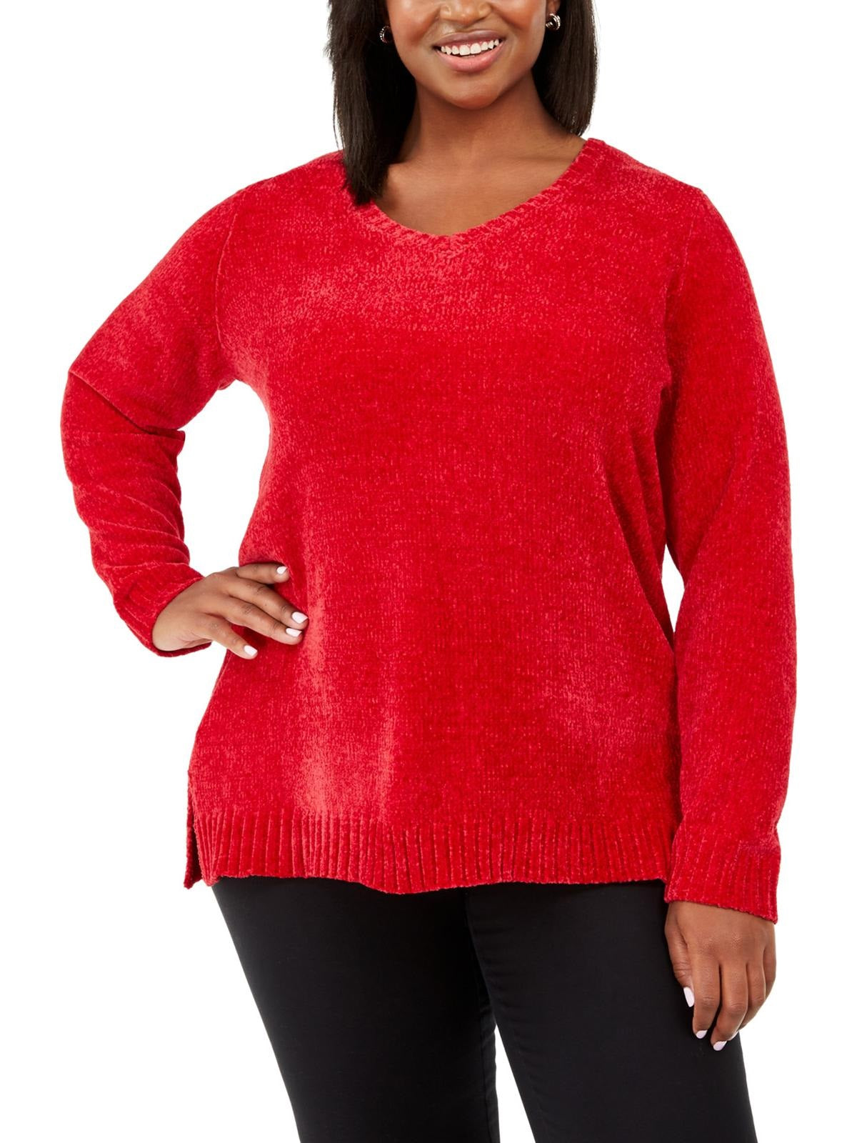 Karen Scott Suéter Feminino Plus Size Gola Canoa Chenille Vermelho Brilhante Tamanho 3X