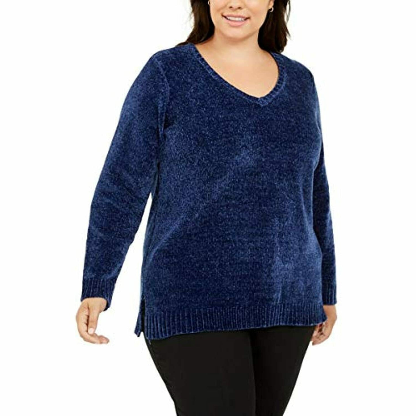 Karen Scott Suéter Feminino Plus Size Gola V Chenille Azul Escuro Tamanho 3X