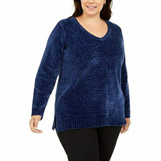 Karen Scott Suéter Feminino Plus Size Gola V Chenille Azul Escuro Tamanho 3X