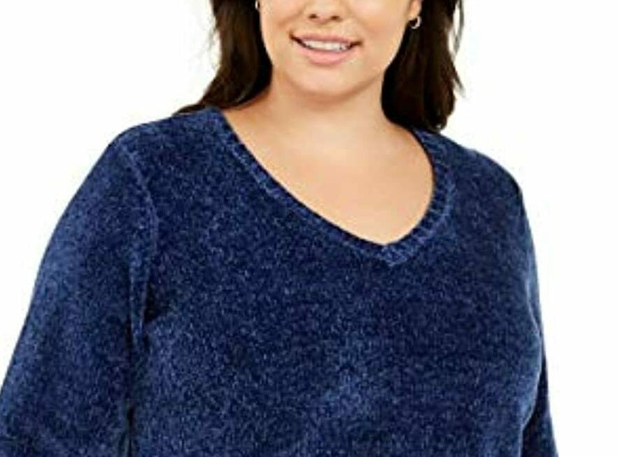 Karen Scott Suéter Feminino Plus Size Gola V Chenille Azul Escuro Tamanho 3X