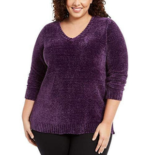 Karen Scott Suéter Feminino Plus Size Gola V Chenille Roxo Tamanho Extra Grande