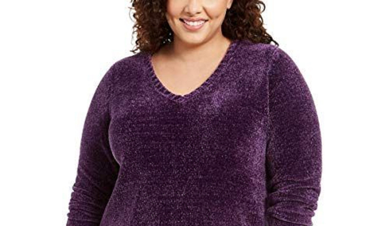 Karen Scott Suéter Feminino Plus Size Gola V Chenille Roxo Tamanho Extra Grande