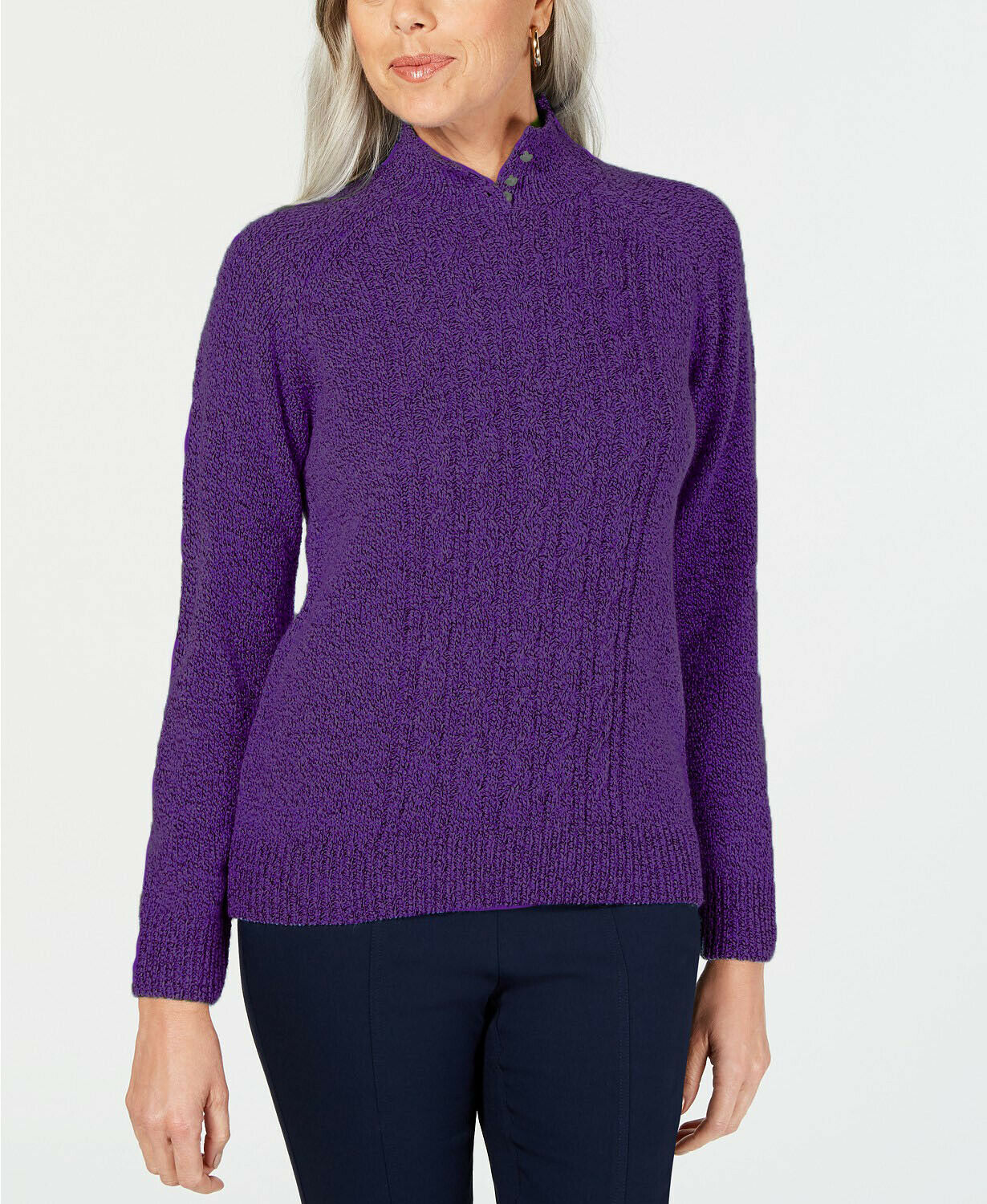 Karen Scott Suéter Feminino Petite Gola Alta em Tricô com Cabo Roxo Tamanho Médio