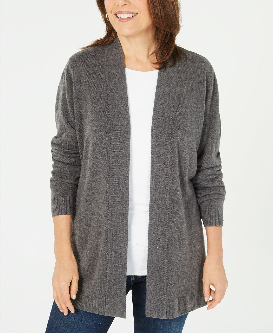 Karen Scott Cardigan Feminino Pequeno com Frente Aberta, Cinza Escuro, Tamanho Médio