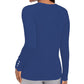 JM Collection Suéter feminino com mangas abotoadas e gola redonda, azul, tamanho XX-G