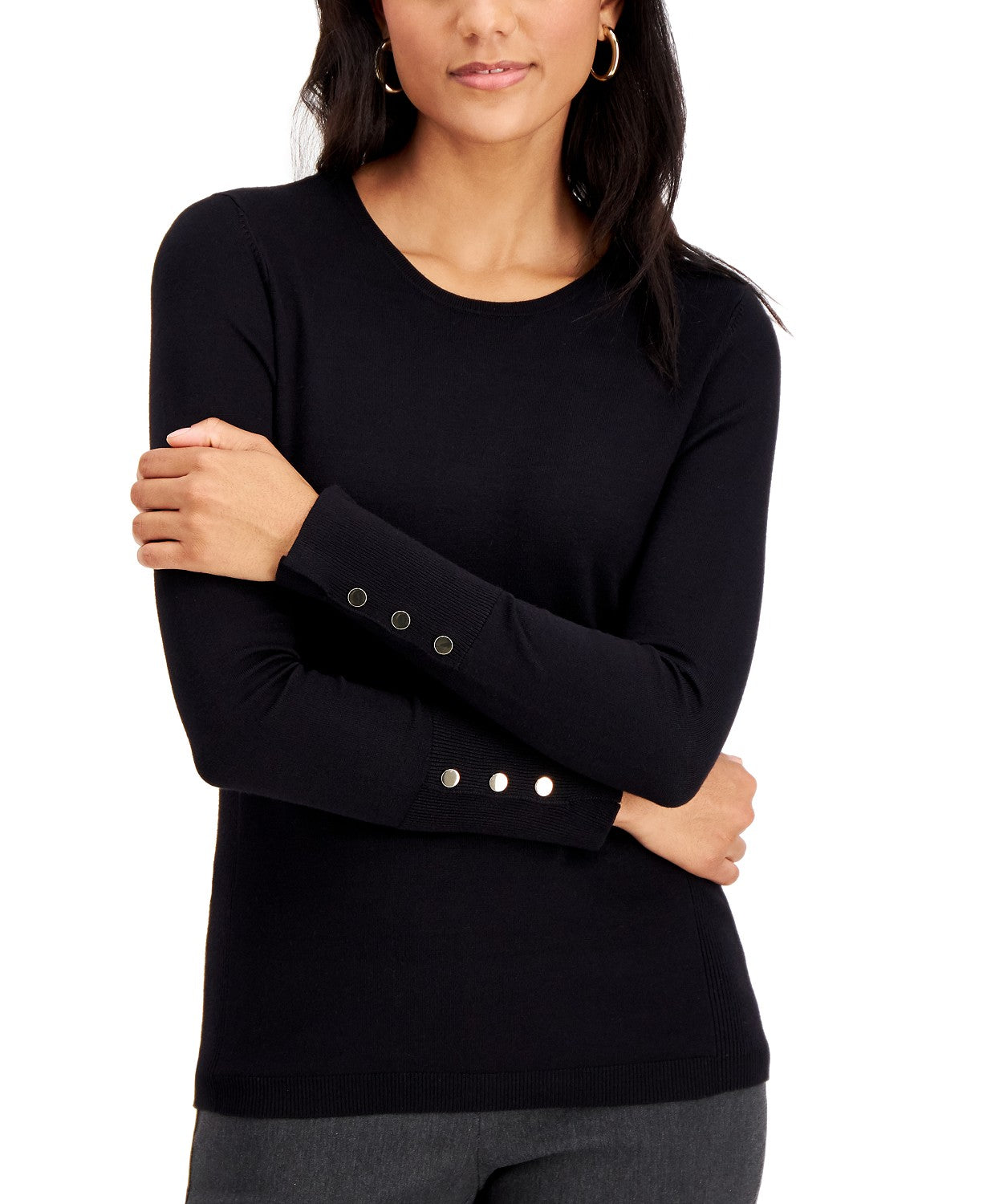 Suéter feminino JM Collection com mangas abotoadas e gola redonda, preto, tamanho 2, extra grande